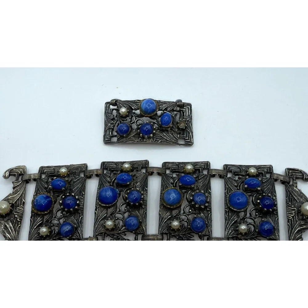Vintage Silver Blue & White Stone Bracelet Antique Ornate Brutalist Panel Lapis